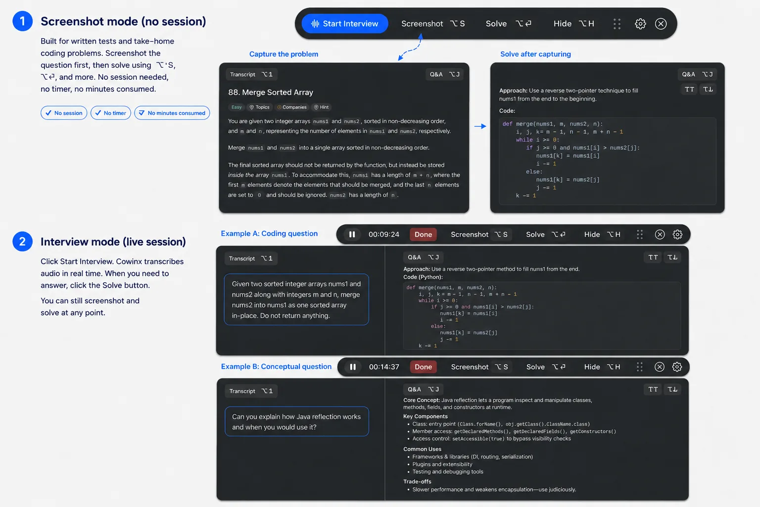 Cowinx mode comparison showing screenshot Q&A and transcript-based practice notes