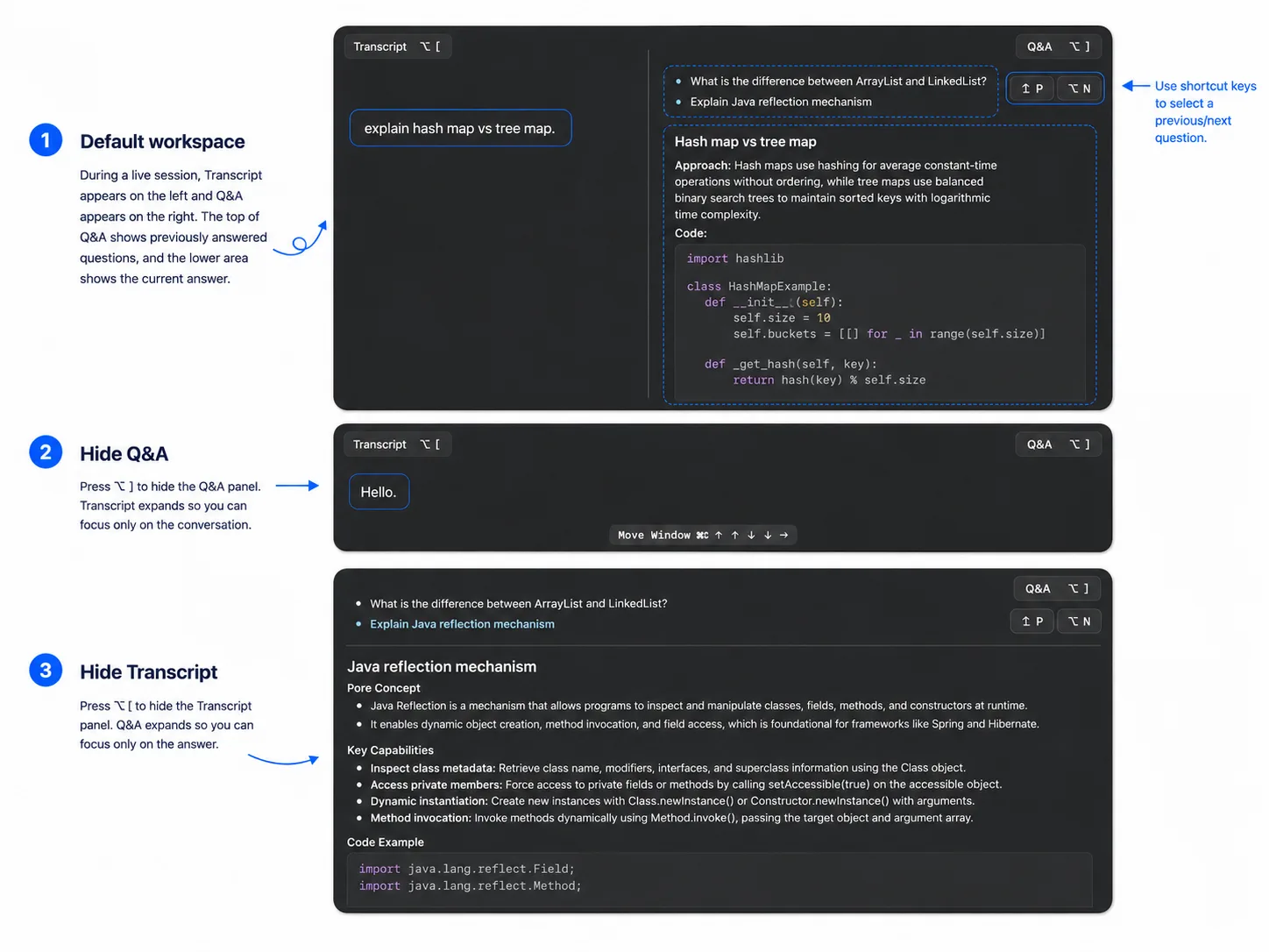 Cowinx workspace annotated with transcript, question history, Q&A notes, and screenshot strip
