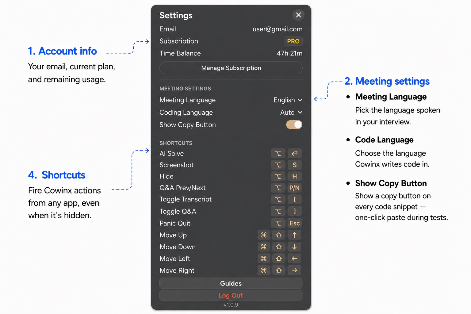Cowinx settings panel with account, meeting, and shortcuts options