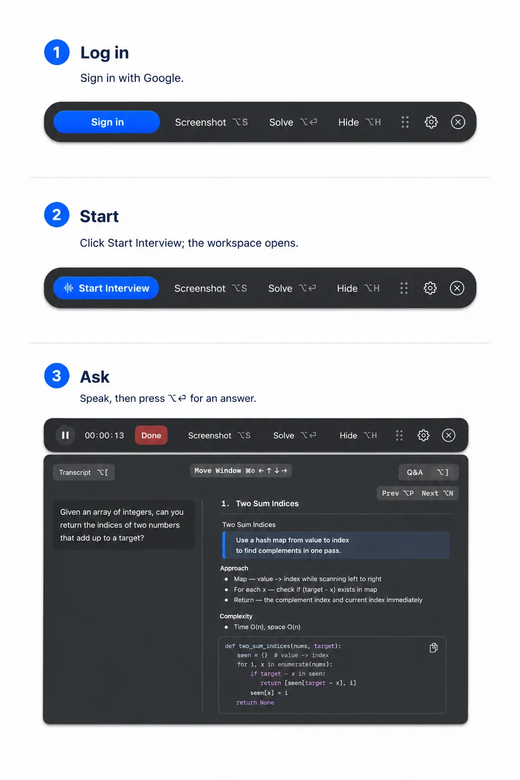 Three-step Cowinx first session sequence: log in with Google, open the workspace, then speak and request practice notes