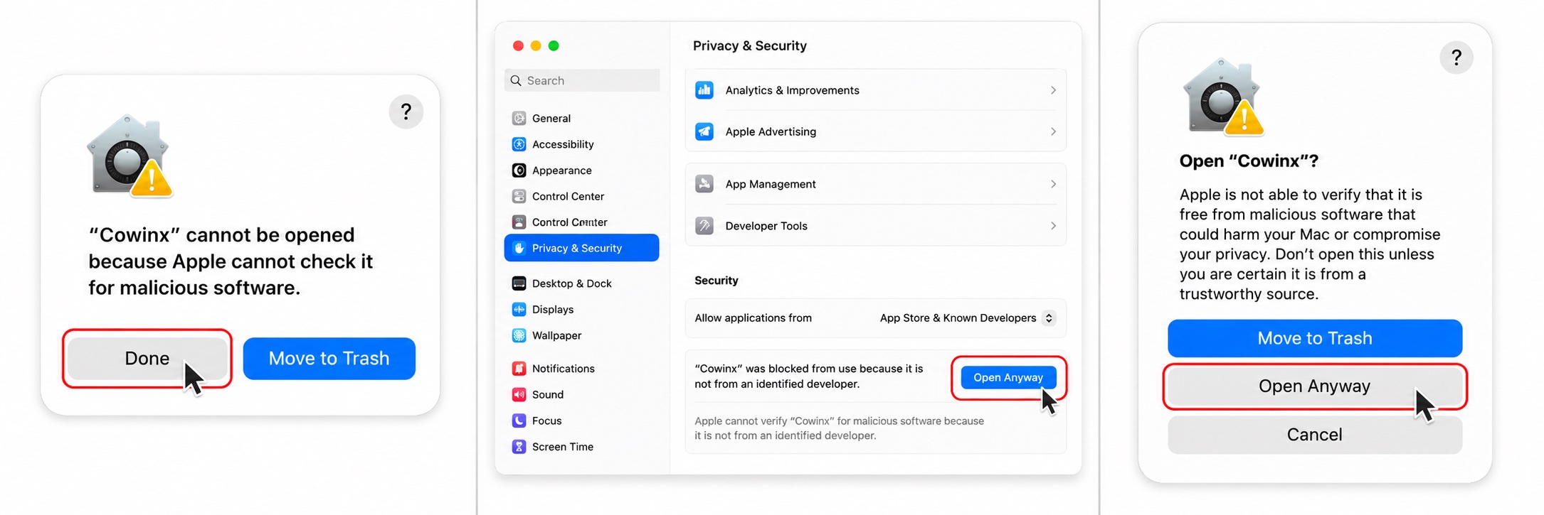 Three-step installation: Gatekeeper alert, Open Anyway in Privacy & Security, and Cowinx successfully launched
