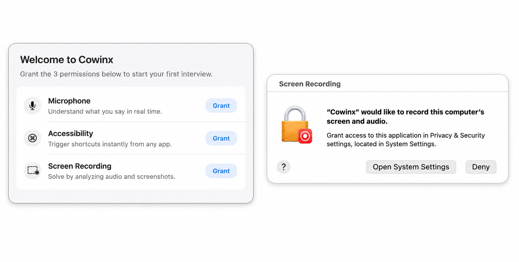 Granting Microphone, Screen Recording, and Accessibility permissions in macOS System Settings
